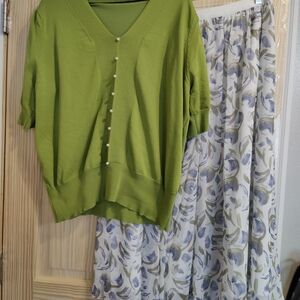 Green V-Neck Cardigan and Floral Skirt Set